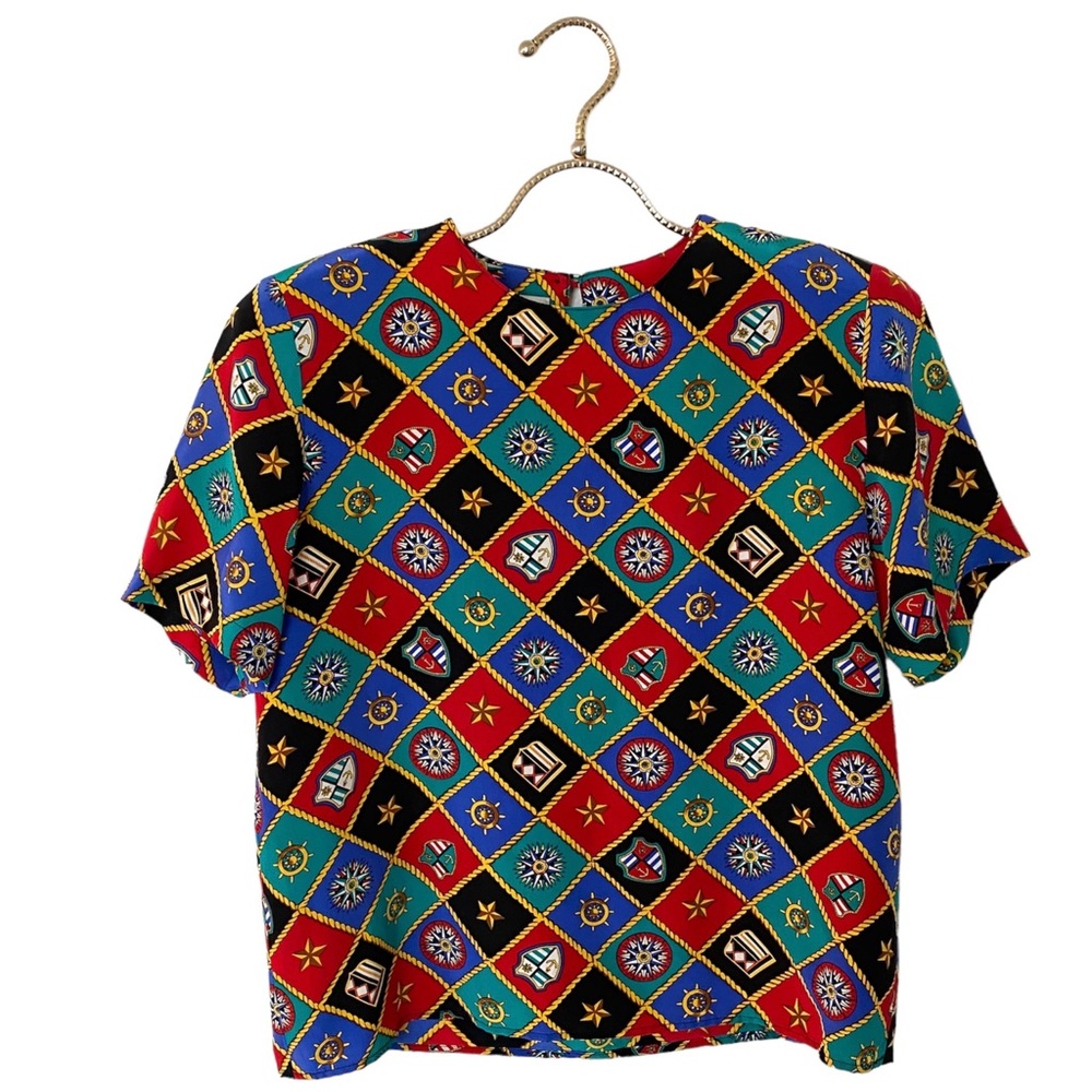 Vintage 90s Talbots Petites Silk Nautical Short Sleeve Top Size 8